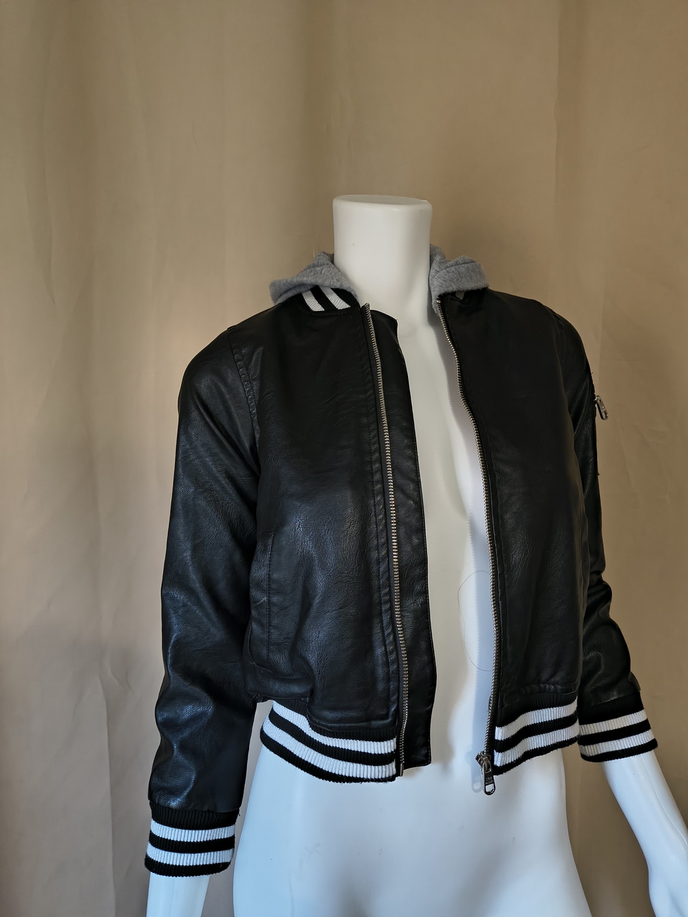 Steve Madden Black Faux Leather Bomber Jacket with Gray Hood